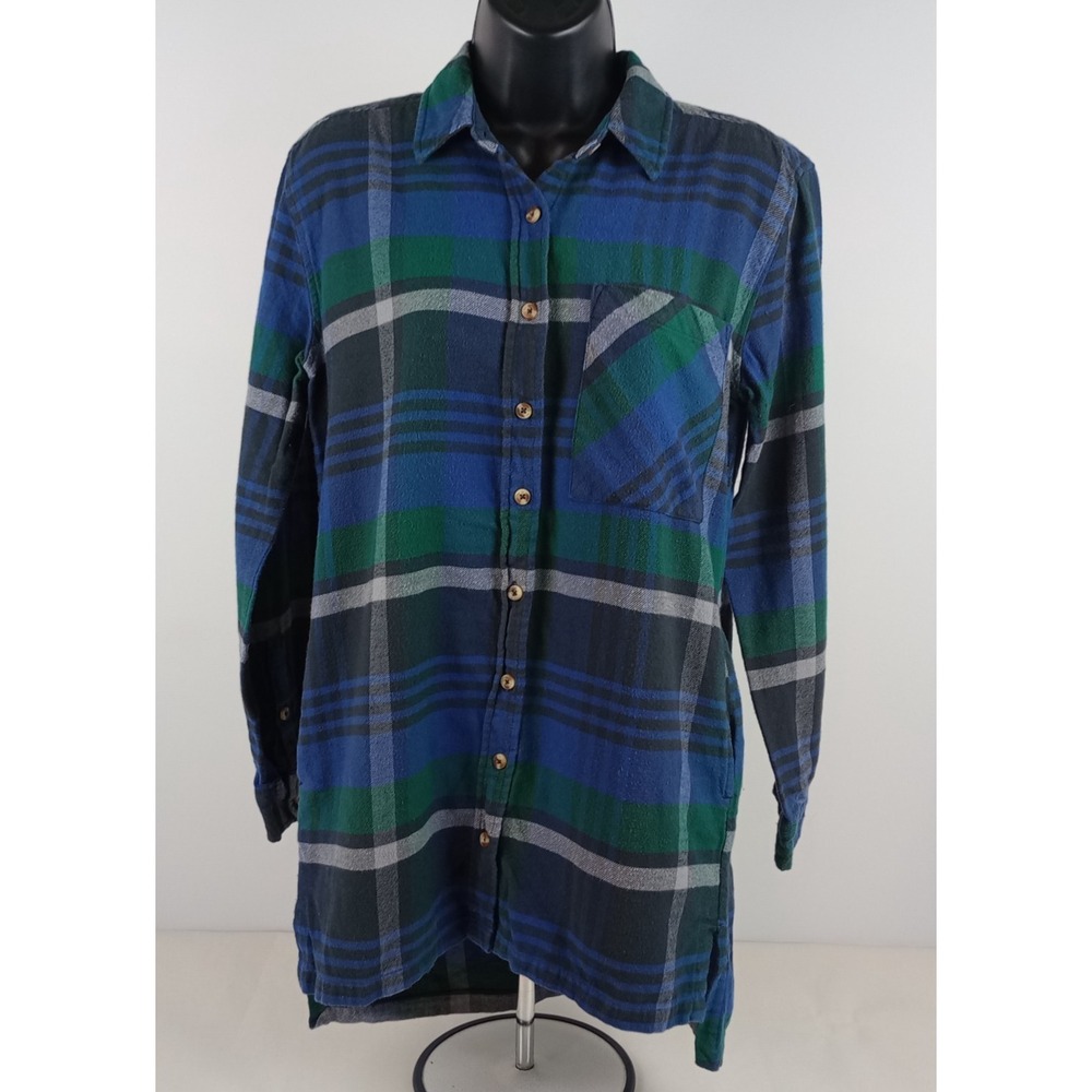 Forever 21 Womens S Blue Plaid Flannel Tunic Pockets Long Sleeve Button Up Shirt